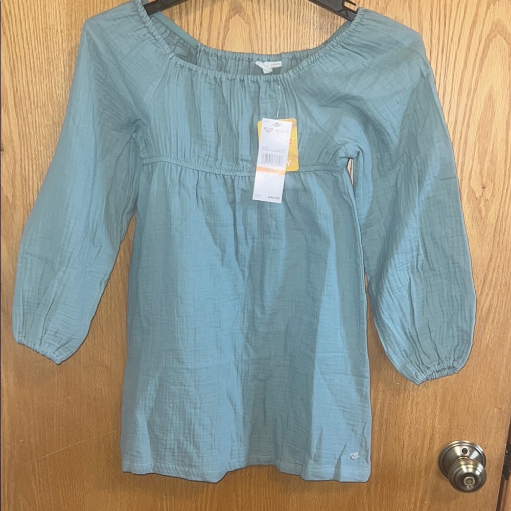 Roxy Mineral Blue Smocked Off Shoulder 3/4 Sleeve Tunic 100% Cotton Size 7‎